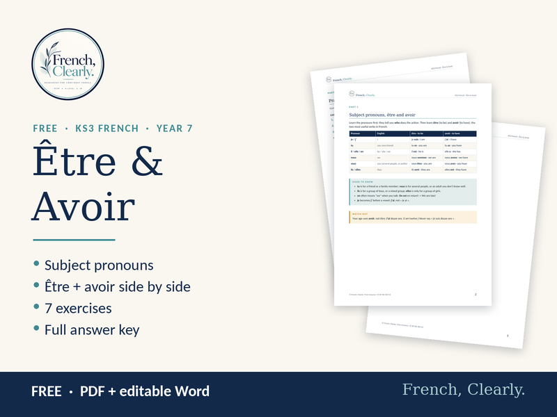 FREE KS3 French Être & Avoir – Subject Pronouns, To Be & To Have (Worksheets + Answers)