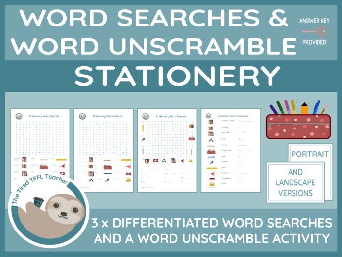 ESL Stationery Differentiated Word Searches and Word Unscramble