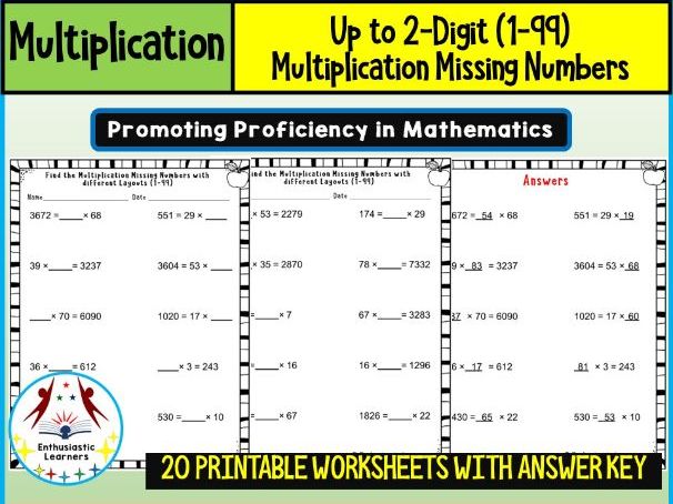 Up to 2-Digit Multiplication Missing Numbers (1–99) Worksheets Math Problems