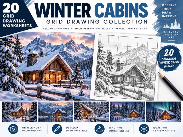 Winter Cabins Grid Drawing Worksheets | 20 Winter Art Activities | KS3 & KS4 | Observation & Drawing