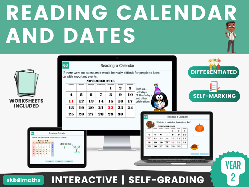 Reading a Calendar  KS1 Interactive Digital Maths Lesson & self-Marking Activities