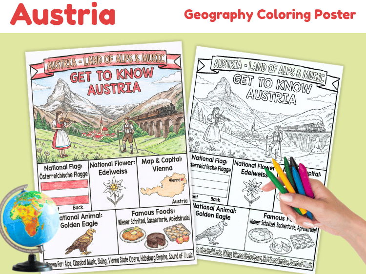 Geo Fact File Austria Geography Coloring Poster | Country Facts & Culture | Teaching ...