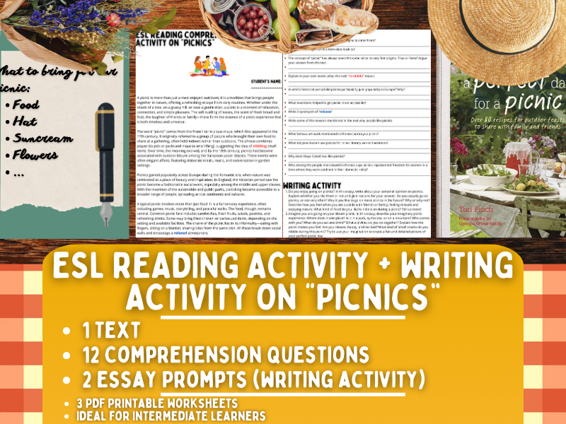 ESL Reading Comprehension + Writing Activity Worksheets on "Picnics"