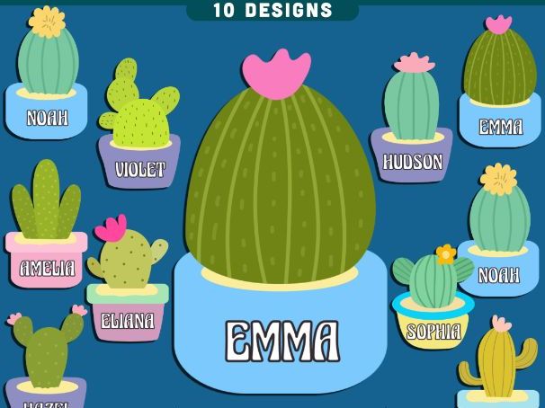Cactus Name Tags, Editable Locker & Cubby Labels, PowerPoint Template, 10 Designs