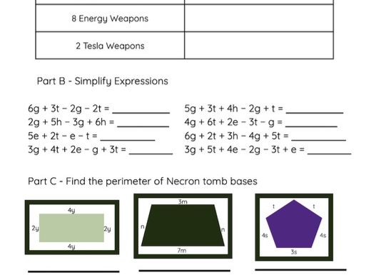 KS3 Algebra: Simplifying Expressions & Perimeter with Necron Weapons (Warhammer 40K Theme)