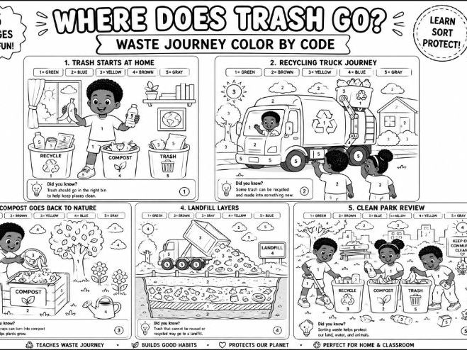 Where Does Trash Go? Waste Journey Color by Code Worksheets for Kids (PreK-Grade 3)