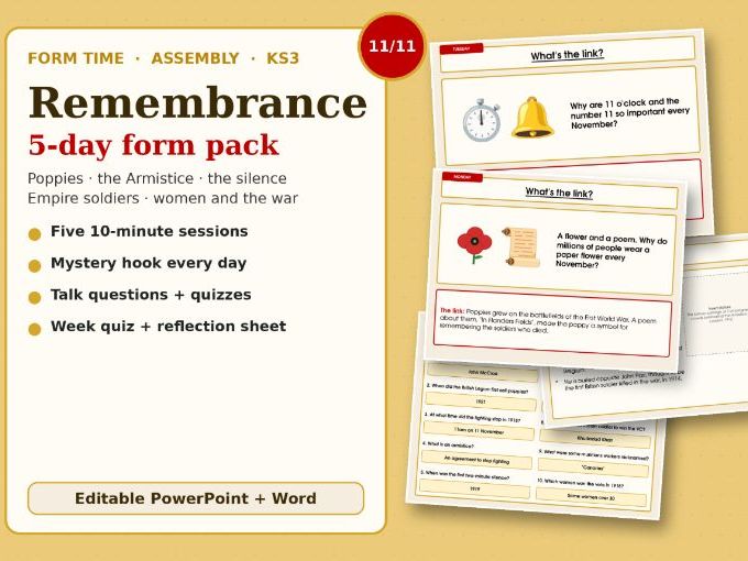Remembrance Day Form Time Pack – 5 Sessions – Poppy, Armistice, WW1 – Tutor Time