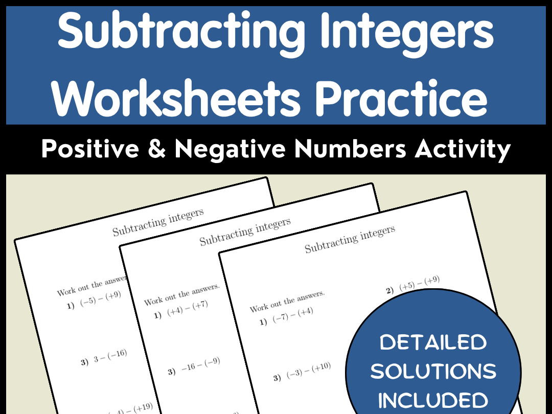 Subtracting Integers Worksheets Practice Positive & Negative Numbers Activity