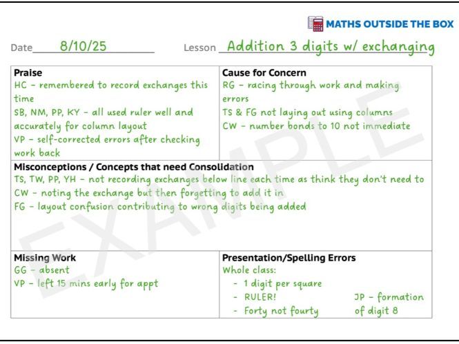 Maths Marking Feedback Sheet