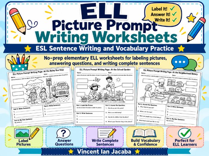 EAL/ESL Picture Prompt Writing Worksheets | Vocabulary & Sentence Writing | Grades 1–4