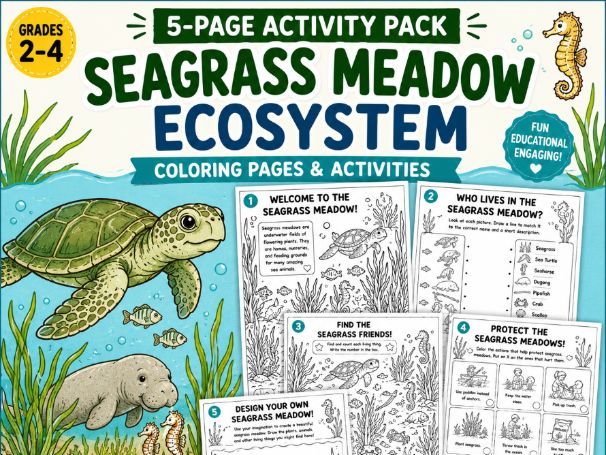 Seagrass Meadow Ecosystem Coloring Pages | Ocean Habitat Activities | Ages 5-10