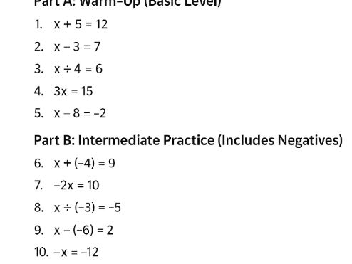 Solving One-Step Equations Worksheet