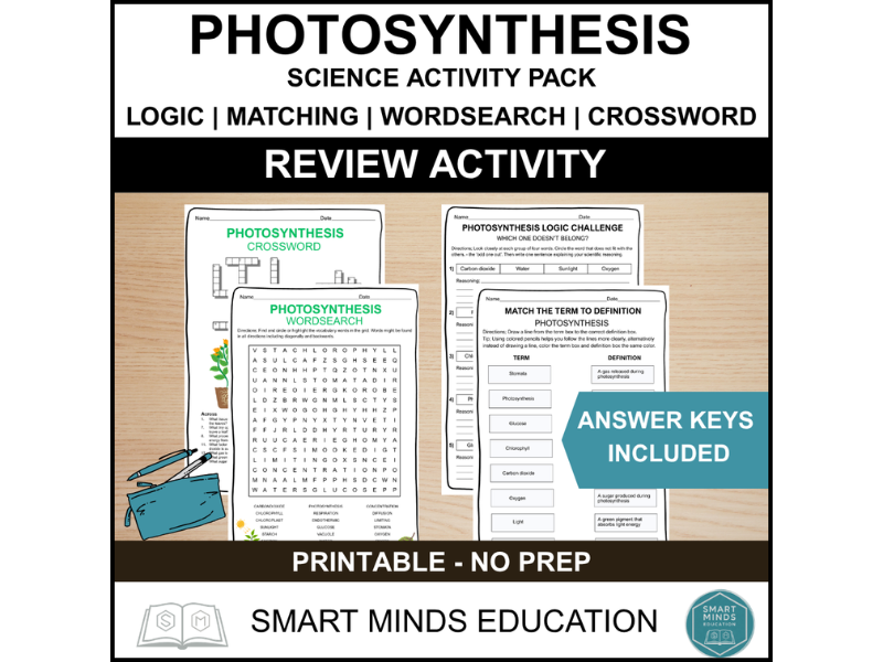 PHOTOSYNTHESIS ACTIVITY PACK | LOGIC ACTIVITY | CROSSWORD | WORDSEARCH | MATCHING TERM TO DEFINITION