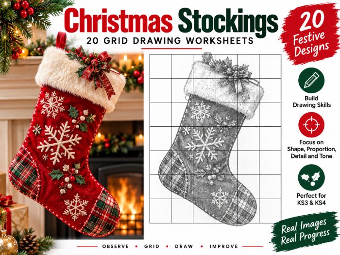 Christmas Stockings Grid Drawing Worksheets | 20 Festive Art Activities | KS3 KS4