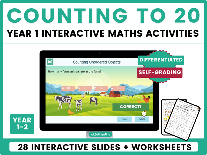 Counting to 20 - Year 1 Interactive Digital Maths Activities | Self-Marking with Printable Worksheet