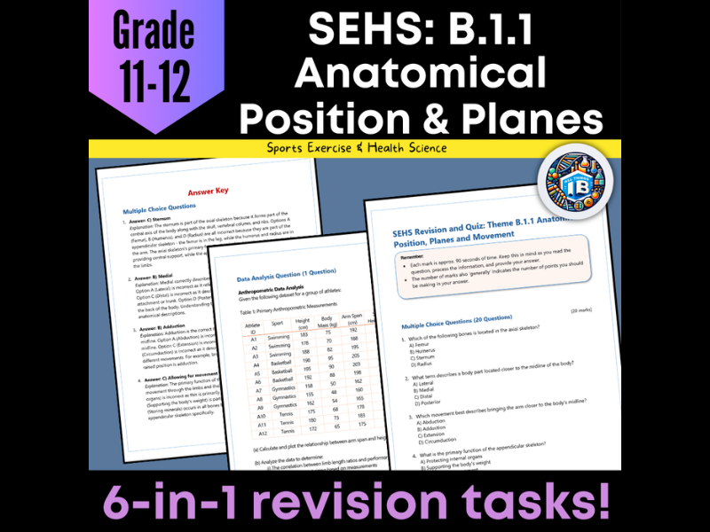 IB DP Sports Science (SEHS): B1.1 Anatomical Position – Quiz & Revision Worksheets 2026