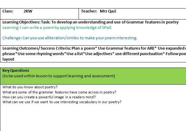 Poetry lesson-Year 2 | Teaching Resources