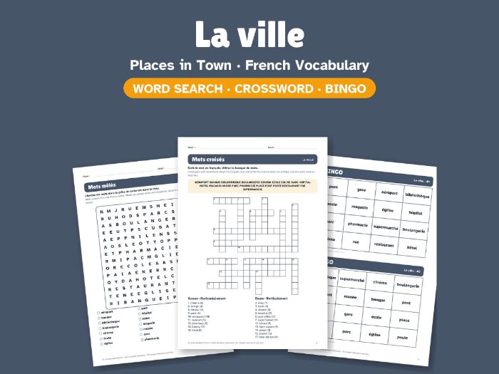 Places in Town in French: Word Search, Crossword & Bingo