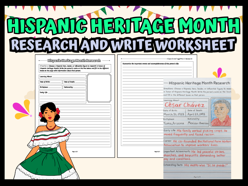 Hispanic Heritage Month Research & Writing Worksheet | No-Prep Printable