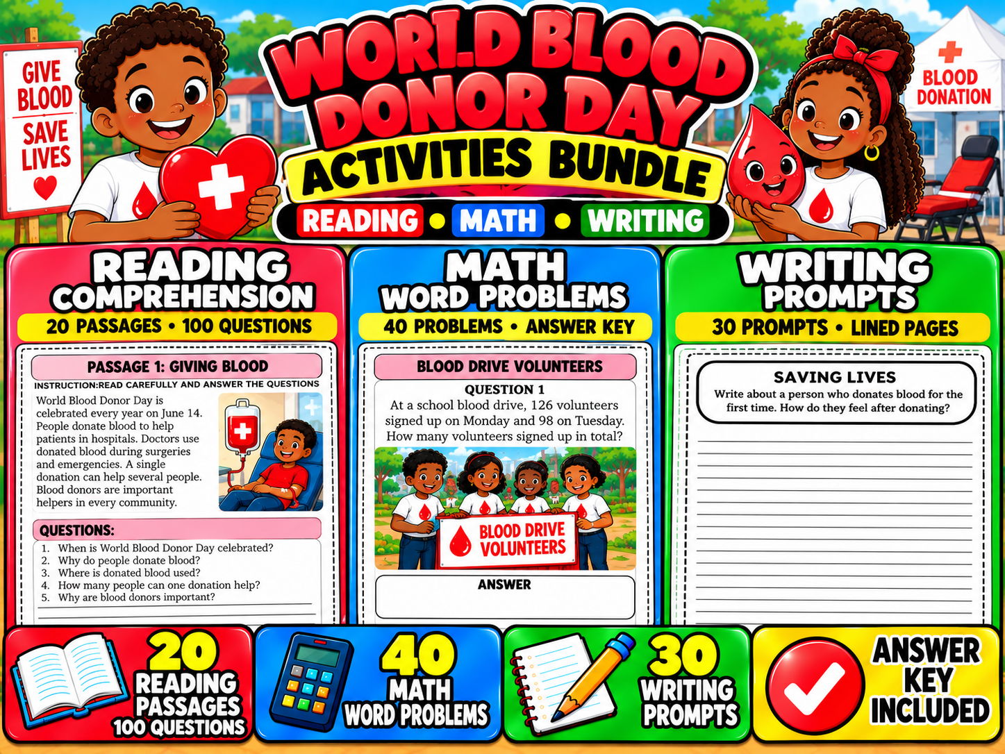 World Blood Donor Day Bundle | Reading Comprehension, Math & Writing Prompts