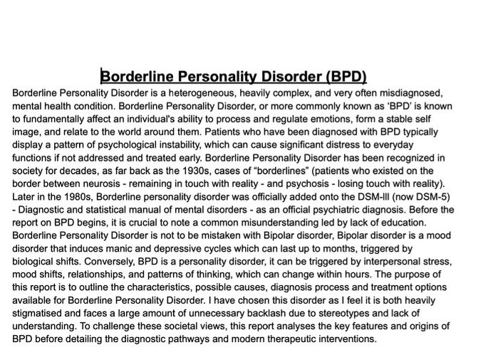 ALevel Psychology Research Essay Example - BPD