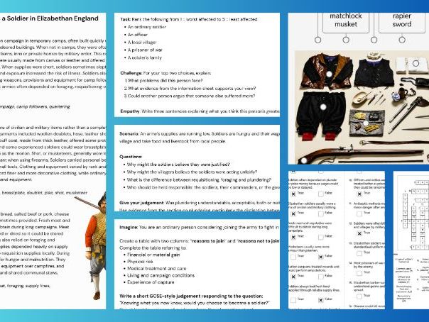 Common Entrance Making of the UK/GCSE History - Elizabeth I: Life As A Soldier Lesson Pack