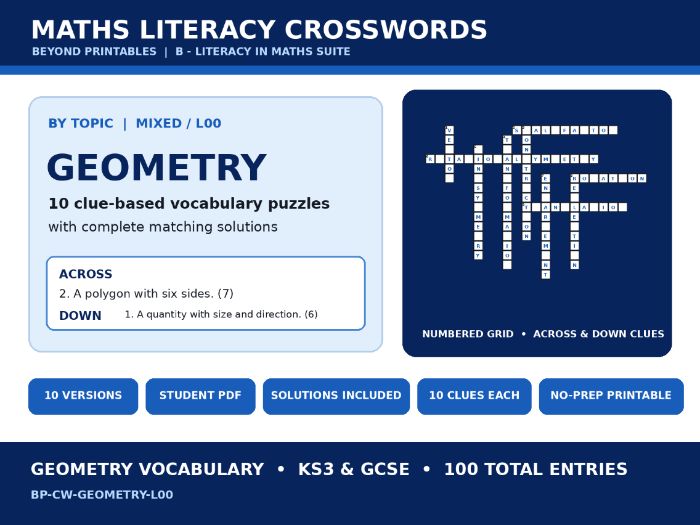 Maths Literacy Crosswords: Geometry | 10 Puzzles + Complete Solutions
