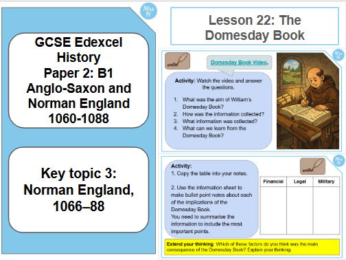 The Domesday Book. Lesson 22 - GCSE History Edexcel Paper 2 - Normans (B1)