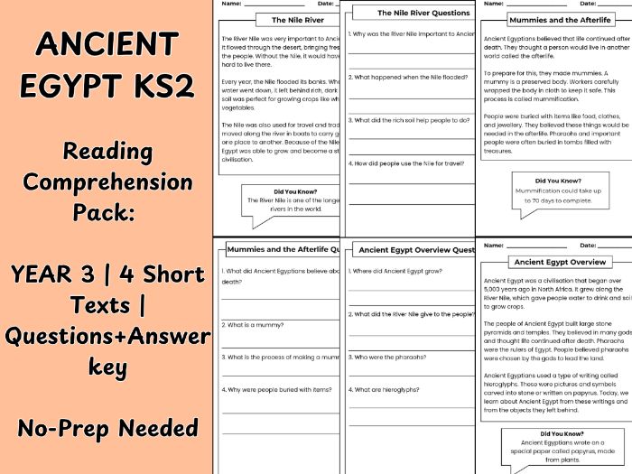 Ancient Egypt Reading Comprehension year 3 pack | KS2 | 4 Texts + Questions + Answers