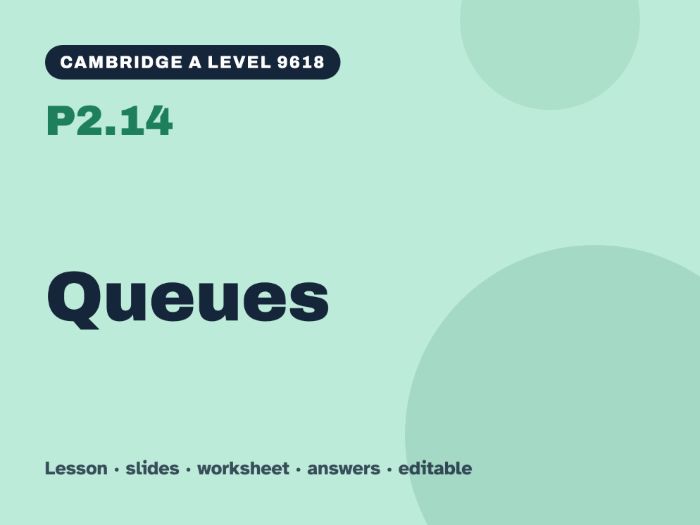 Cambridge A Level Computer Science 9618 – P2.14 Queues – Lesson & Worksheet