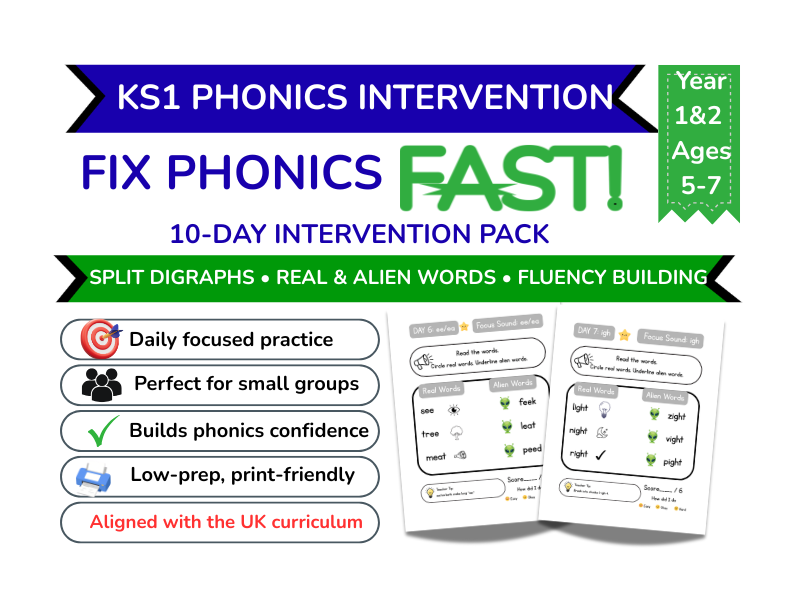 Year 1 Phonics Intervention Pack | Alien Words & Split Digraph Practice | KS1 Phonics Screening