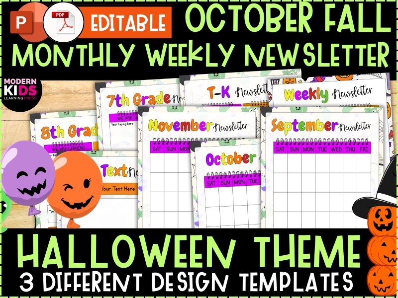 EDITABLE Month & Week October Halloween Day Theme Newsletter Templates