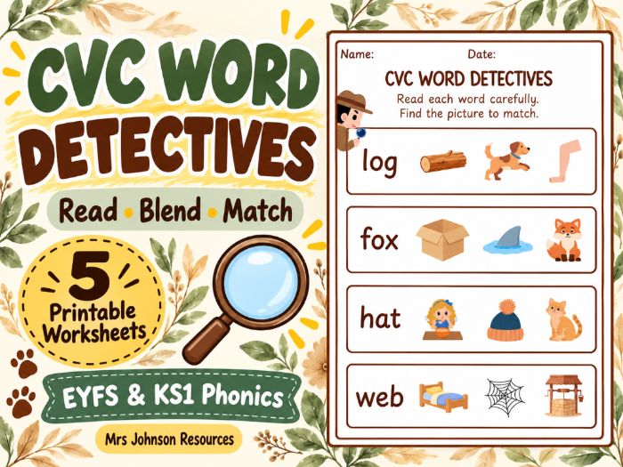 CVC Word Detectives – Phonics Reading and Picture Matching Worksheets