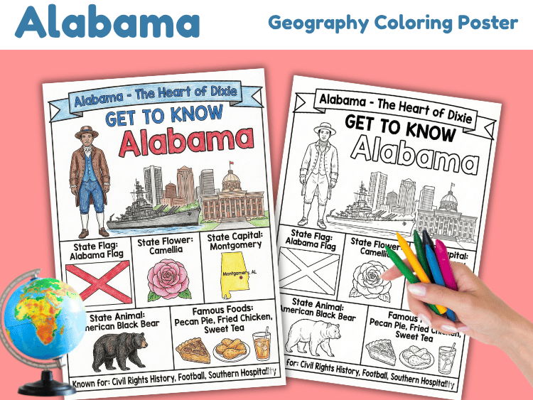 Alabama Geography Coloring Poster | State Facts & Symbols Activity