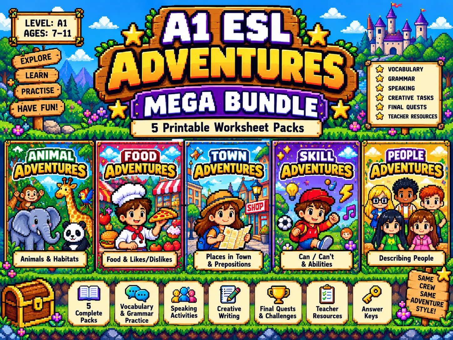 A1 ESL Adventures Mega Bundle | 5 Worksheet Packs | Ages 7–11