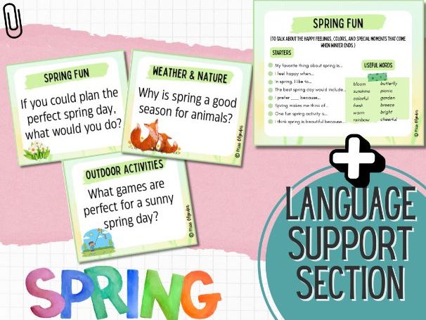 Spring Speaking Activities – ESL Conversation Cards with Sentence Starters & Word Bank