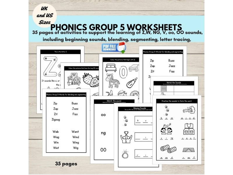 Phonics Worksheets  Z W NG V oo OO Sounds, Group 5, CVC words, Blending & Segmenting