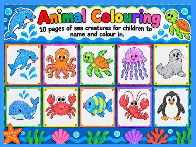 Sea Creatures Colouring Cards EYFS