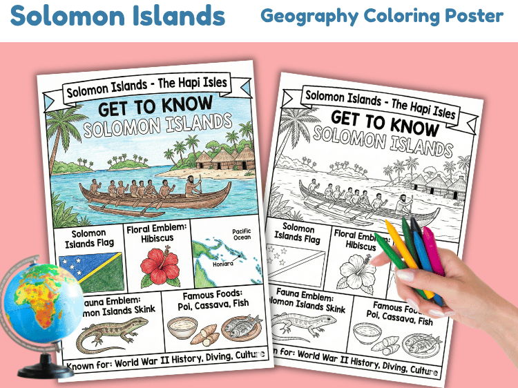 Solomon Islands Geography Coloring Poster | Country Facts Worksheet