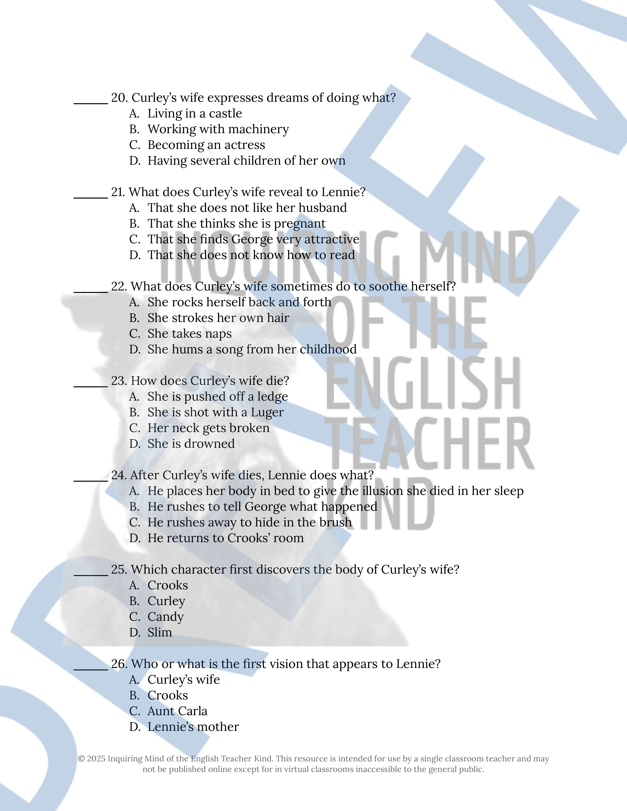 Of Mice and Men by John Steinbeck Test, Answer Key, and Study Guide ...