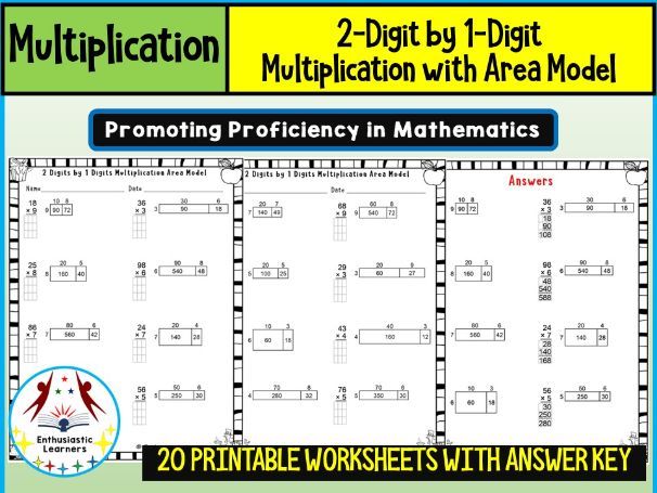 2-Digit by 1-Digit Multiplication with Area Model Worksheets Math problems