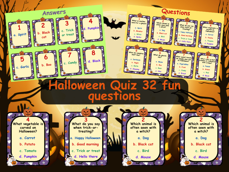 Halloween Quiz Flashcards – 32 Spooky Trivia Questions with Answers | Double-Sided Educational