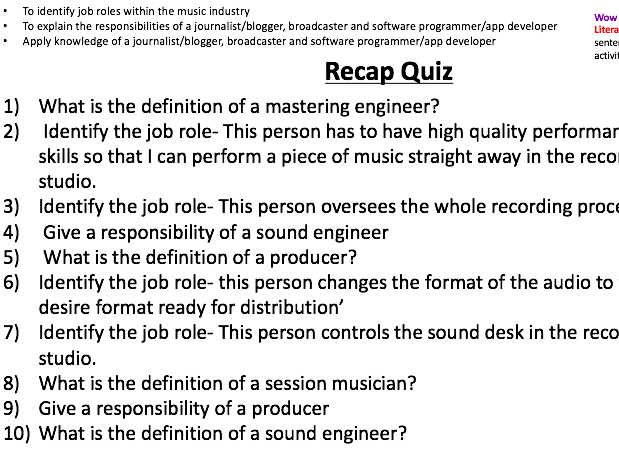 The music industry- Learning aim B Lesson Powerpoints