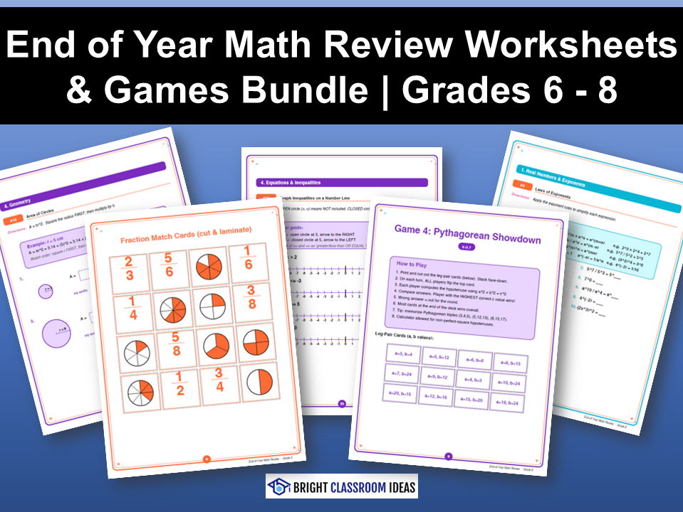 End of Year Math Review Worksheets & Games Bundle | Grades 6 - 8