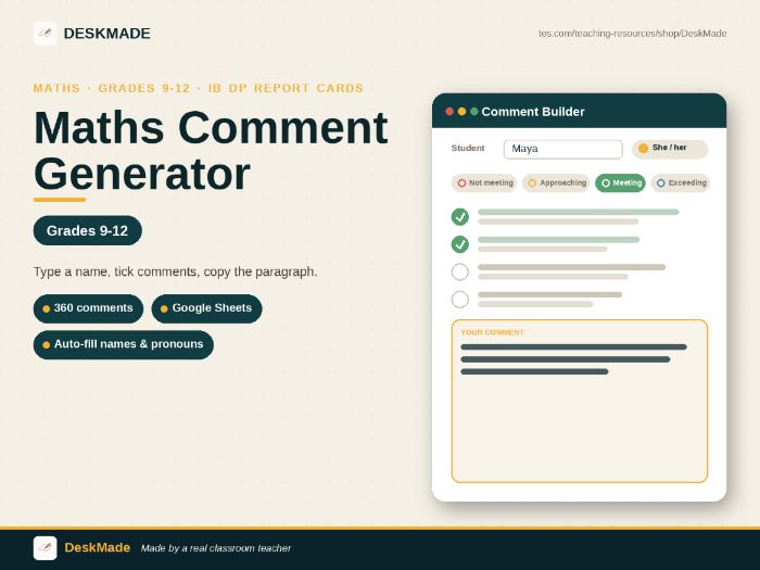 Maths Comment Generator | Grades 9-12 | IB DP Report Cards