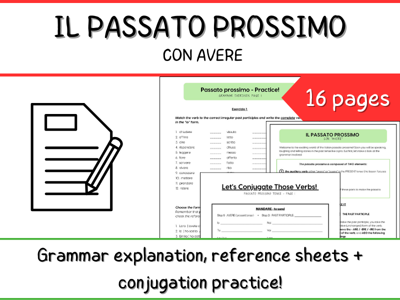 Italian Passato Prossimo Verbs (with Avere) - Grammar Worksheets + Class Activity