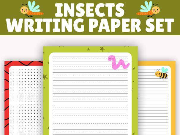 Insects Writing Paper Set: Handwriting, Lined, Graph, Drawing, and Dotted Sheets
