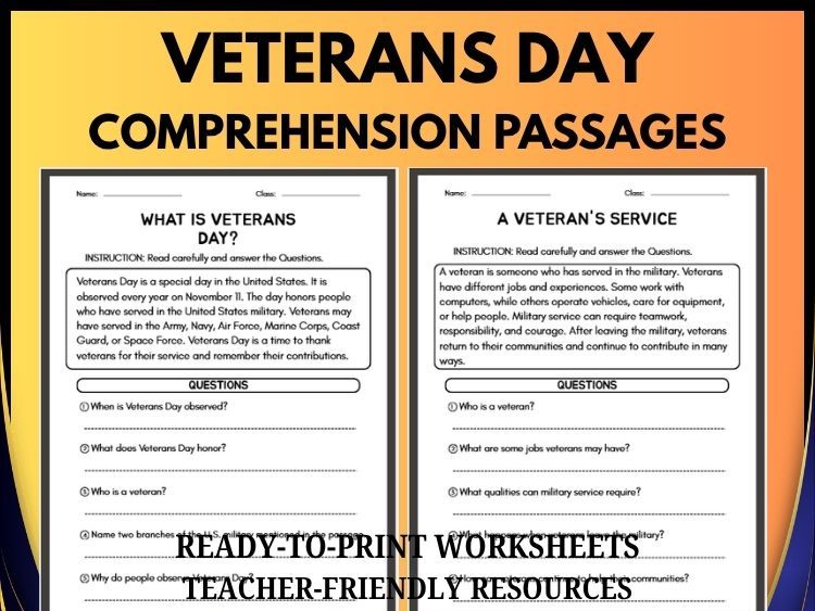 Veterans Day Reading Comprehension | 20 Passages, 100 Questions & Answers | Grades 2–8