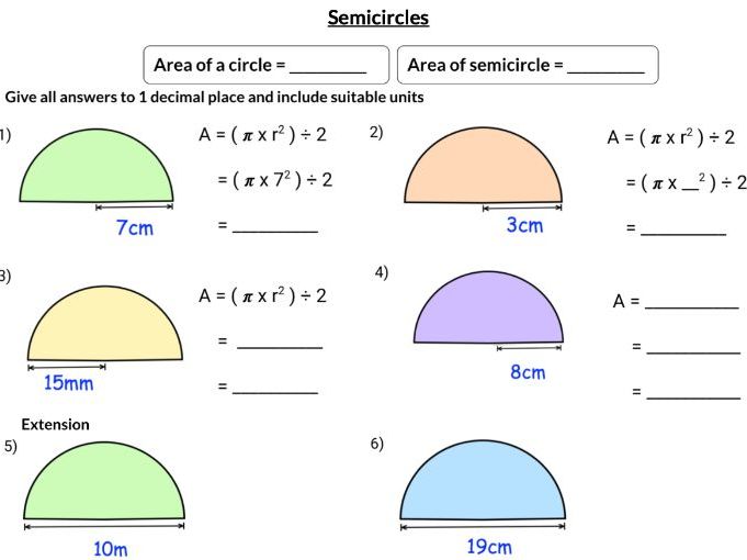 Area and perimeter of semicircles scaffolded worksheet