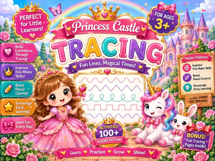 Princess Castle Tracing Worksheets | Fine Motor & Pre-Writing Activities | Preschool–Grade 1